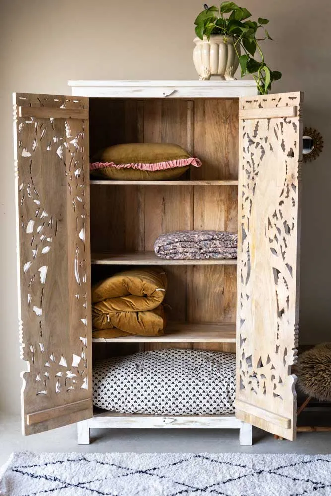 Carved Bird Design Wood Cabinet