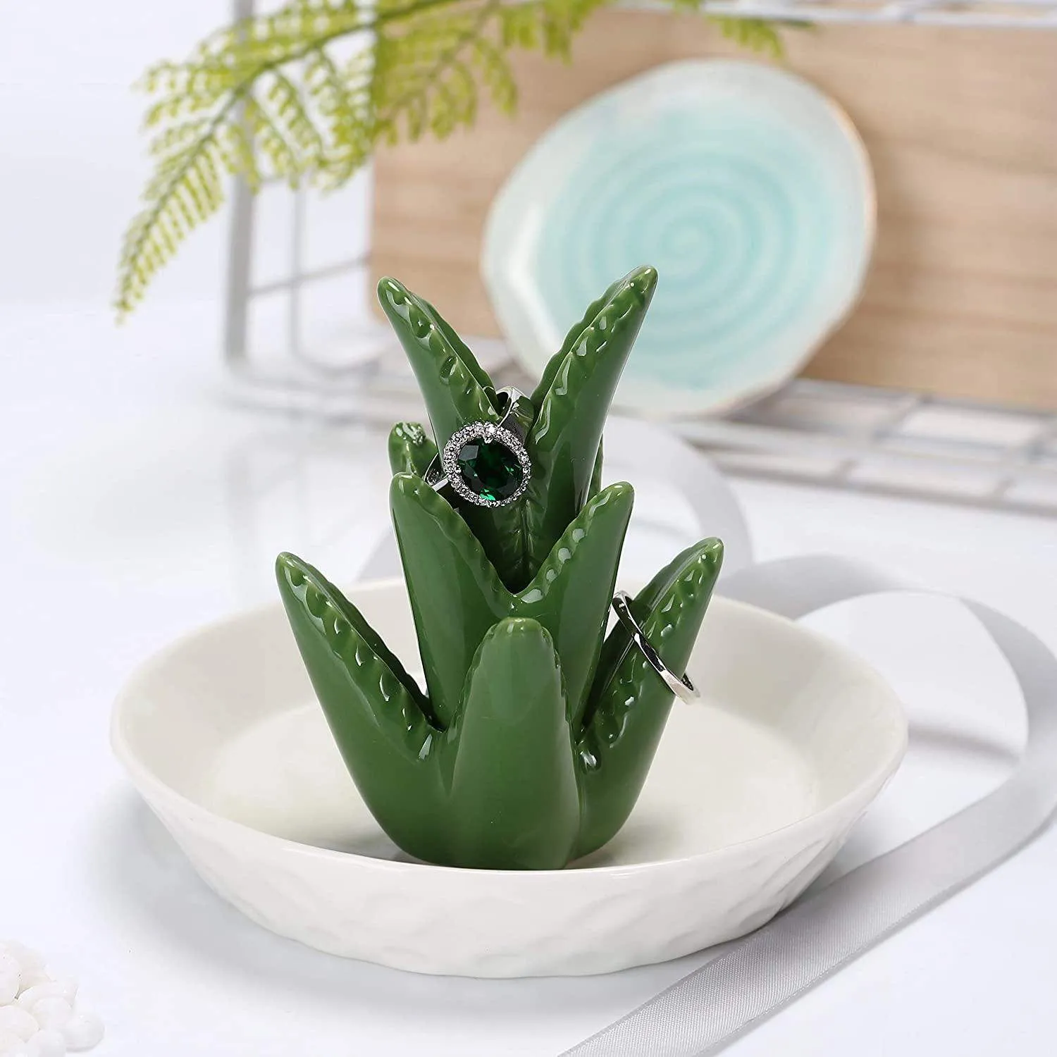 Ceramic Aloe Ring Holder with Decorative White Base