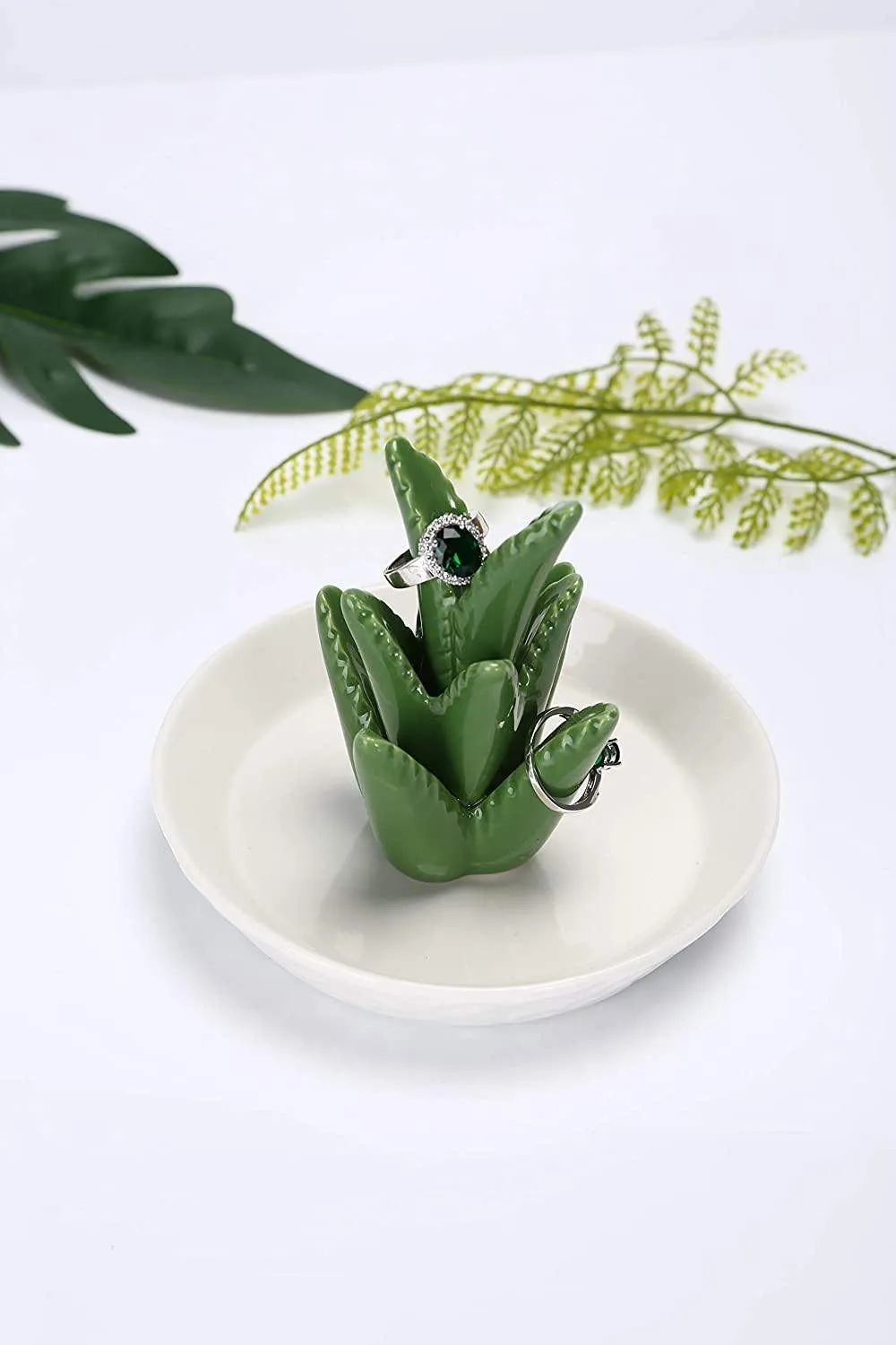 Ceramic Aloe Ring Holder with Decorative White Base