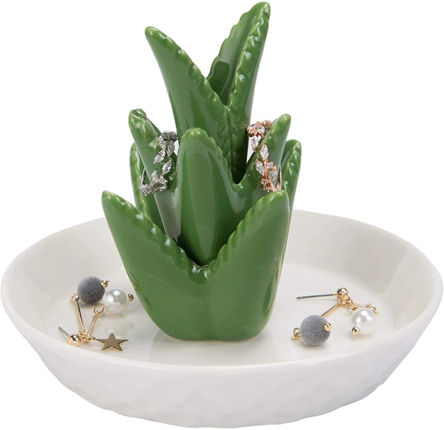 Ceramic Aloe Ring Holder with Decorative White Base