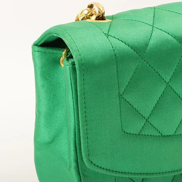 Chanel Around 1990 Made Silk Satin Diana Flap Bijou Chain Bag Mini Green
