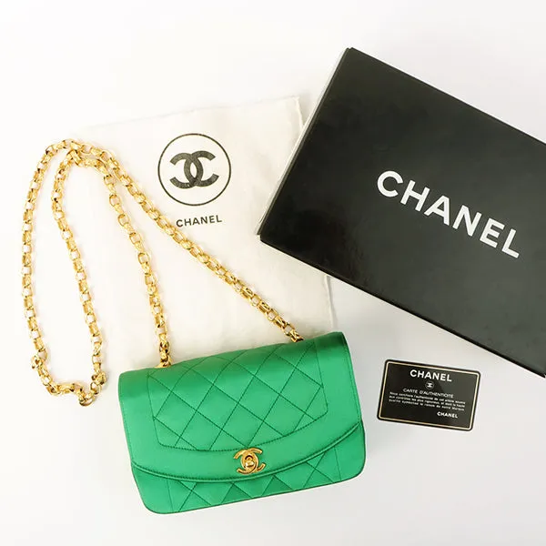 Chanel Around 1990 Made Silk Satin Diana Flap Bijou Chain Bag Mini Green