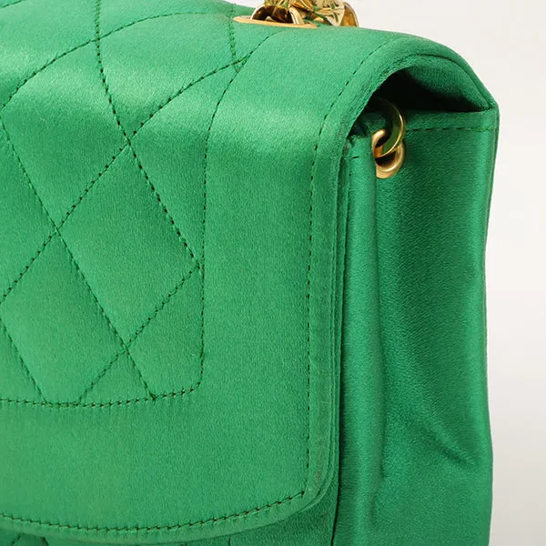 Chanel Around 1990 Made Silk Satin Diana Flap Bijou Chain Bag Mini Green