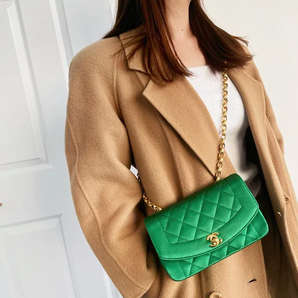 Chanel Around 1990 Made Silk Satin Diana Flap Bijou Chain Bag Mini Green