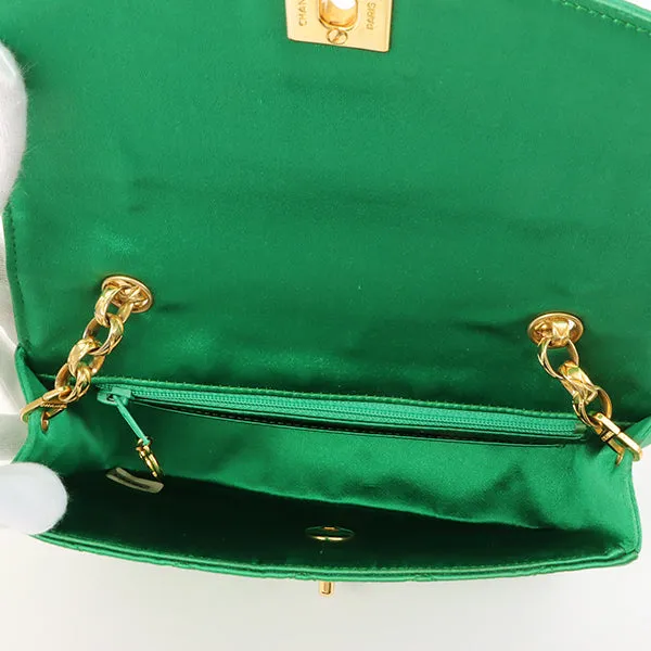 Chanel Around 1990 Made Silk Satin Diana Flap Bijou Chain Bag Mini Green