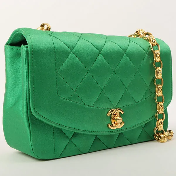 Chanel Around 1990 Made Silk Satin Diana Flap Bijou Chain Bag Mini Green