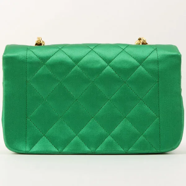 Chanel Around 1990 Made Silk Satin Diana Flap Bijou Chain Bag Mini Green