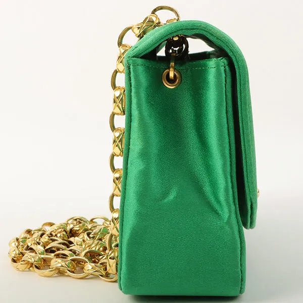 Chanel Around 1990 Made Silk Satin Diana Flap Bijou Chain Bag Mini Green