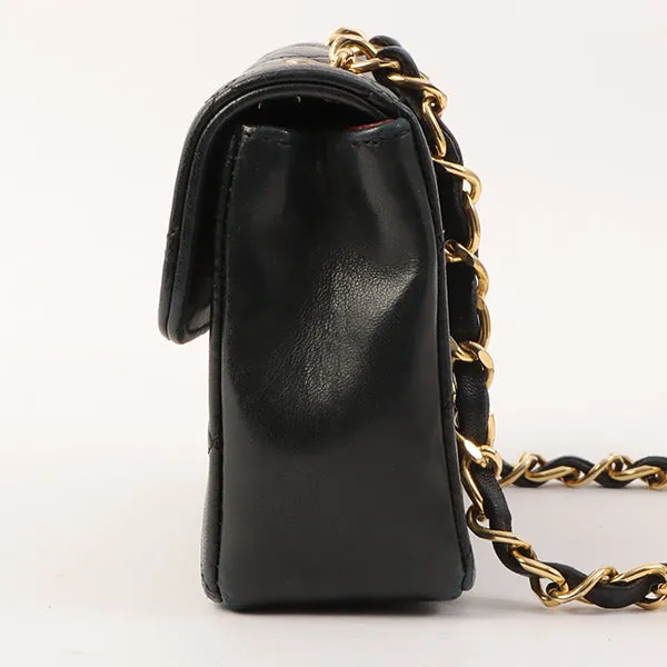 Chanel Around 1990 Made Straight Flap Turn-Lock Mini Chain Bag Black