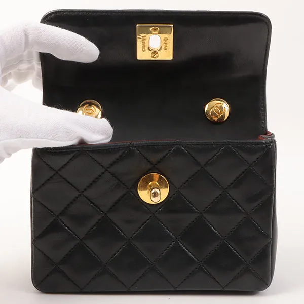 Chanel Around 1990 Made Straight Flap Turn-Lock Mini Chain Bag Black