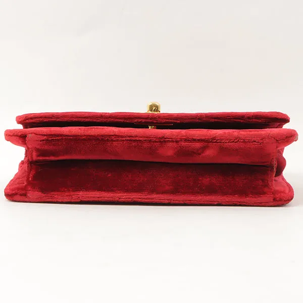 Chanel Around 1992 Made Velour Straight Flap Turn-Lock Mini Chain Bag Red