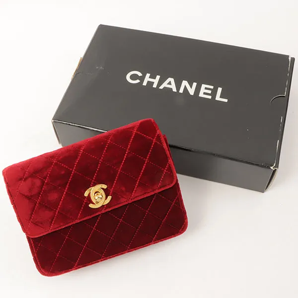Chanel Around 1992 Made Velour Straight Flap Turn-Lock Mini Chain Bag Red