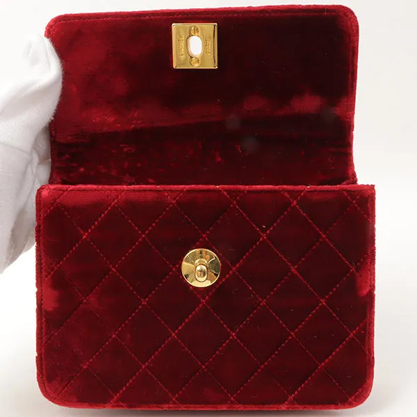 Chanel Around 1992 Made Velour Straight Flap Turn-Lock Mini Chain Bag Red