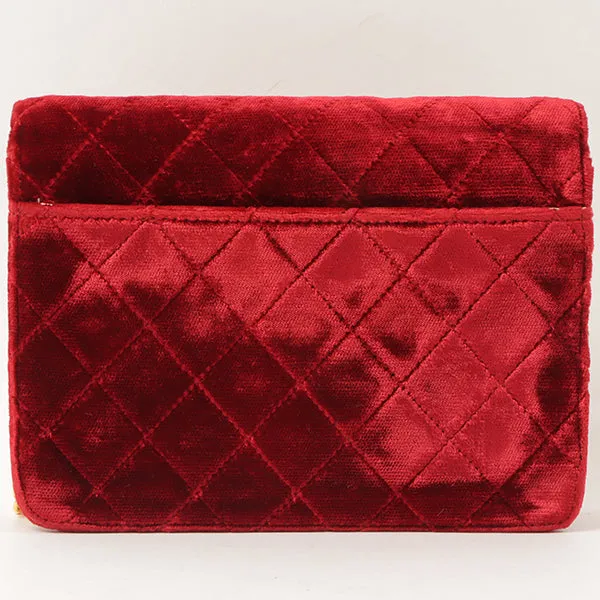 Chanel Around 1992 Made Velour Straight Flap Turn-Lock Mini Chain Bag Red