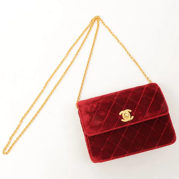 Chanel Around 1992 Made Velour Straight Flap Turn-Lock Mini Chain Bag Red