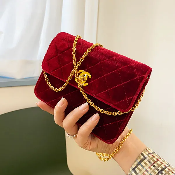 Chanel Around 1992 Made Velour Straight Flap Turn-Lock Mini Chain Bag Red