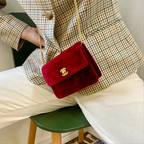 Chanel Around 1992 Made Velour Straight Flap Turn-Lock Mini Chain Bag Red