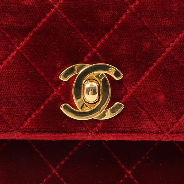 Chanel Around 1992 Made Velour Straight Flap Turn-Lock Mini Chain Bag Red