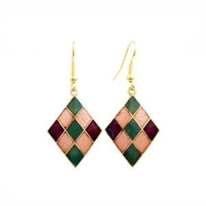Chinese Cloisonne Gold-plated Enamel Diamond Blocks Earrings