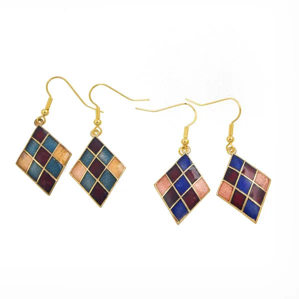 Chinese Cloisonne Gold-plated Enamel Diamond Blocks Earrings