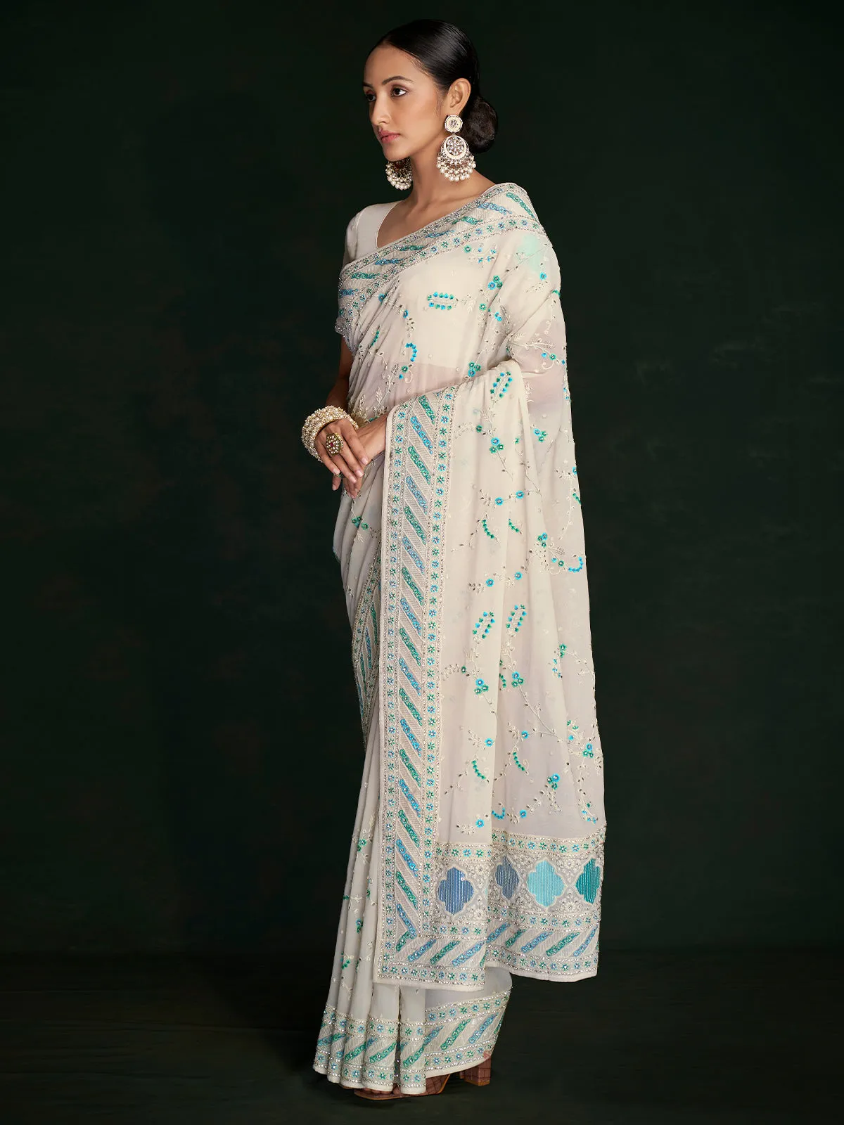 Classic White Georgette Embroidered Saree With Unstitched Blouse