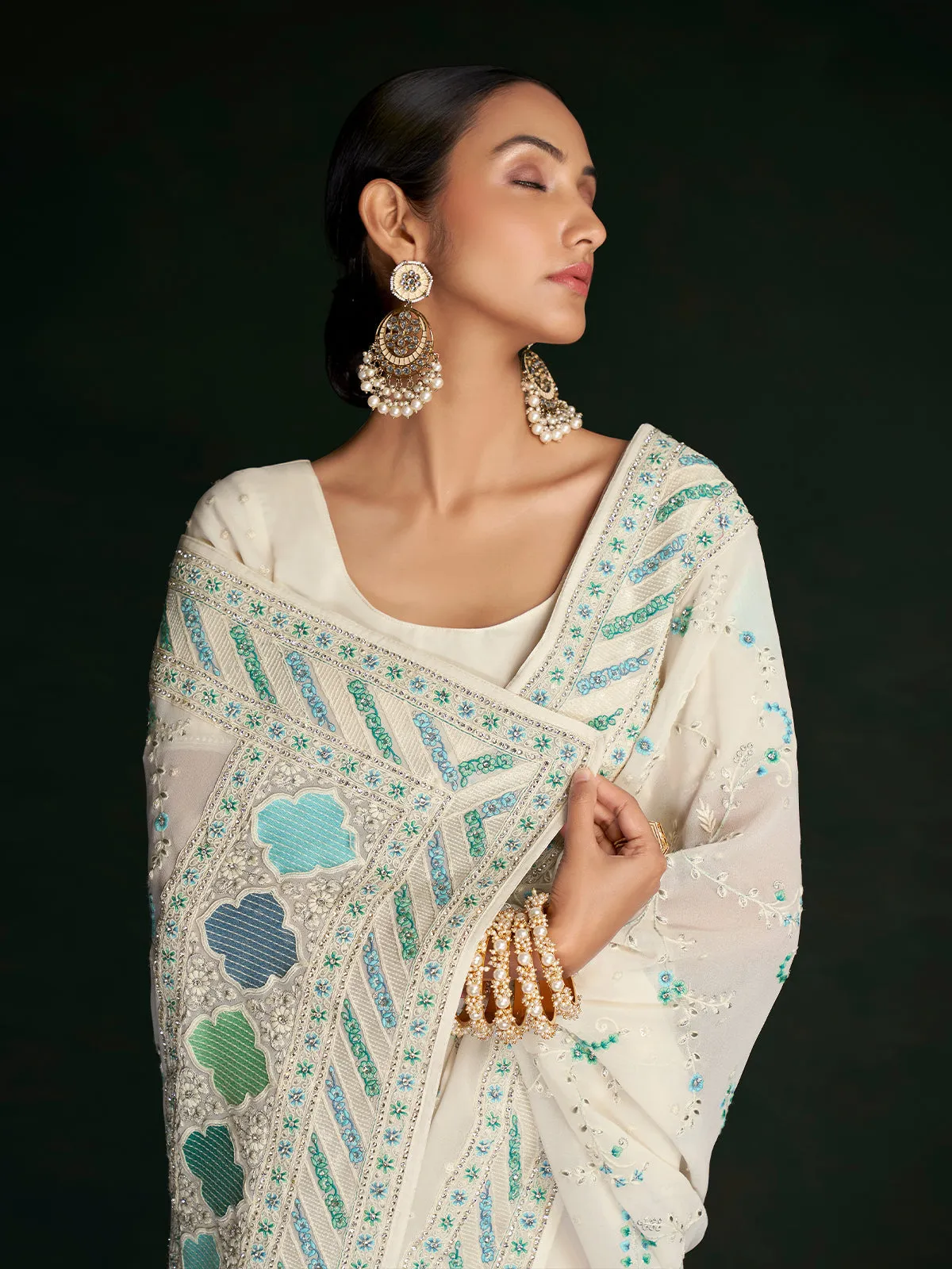 Classic White Georgette Embroidered Saree With Unstitched Blouse