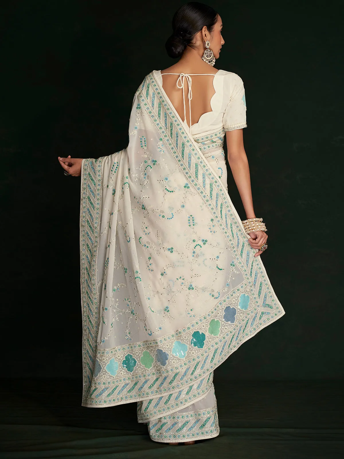 Classic White Georgette Embroidered Saree With Unstitched Blouse