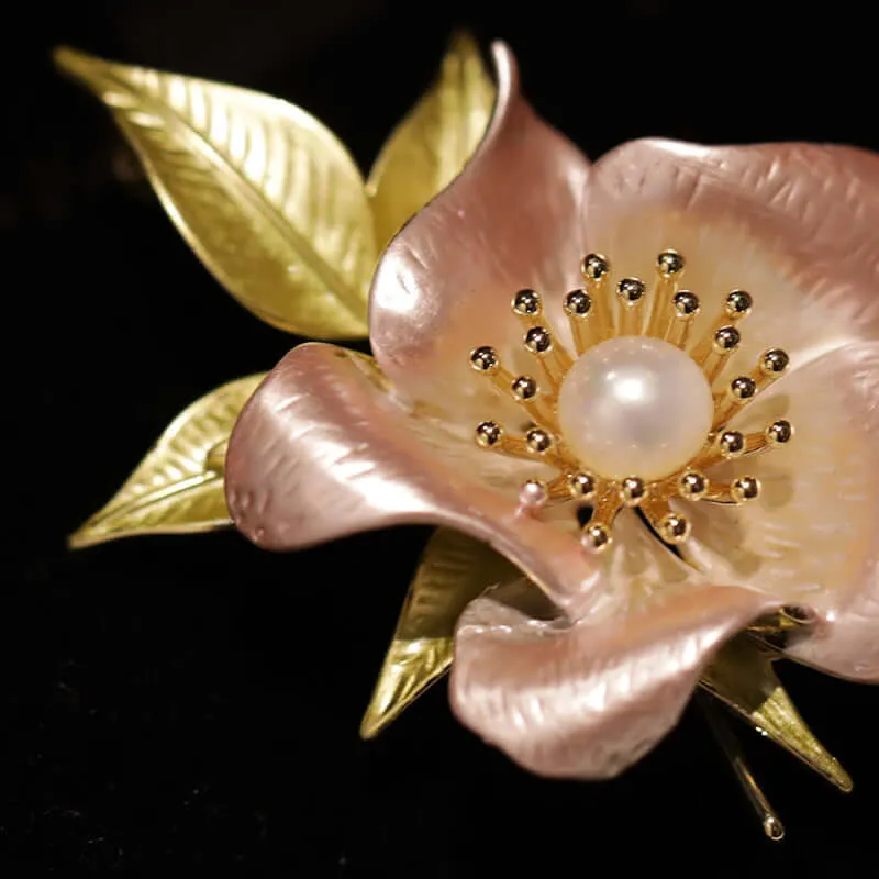 Copper Pearl Camellia Brooch