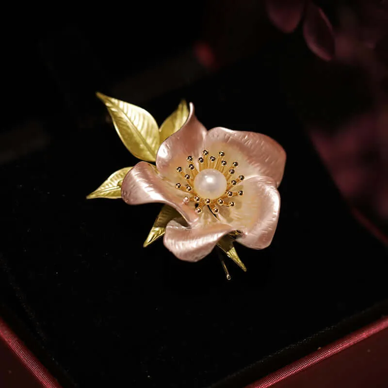 Copper Pearl Camellia Brooch