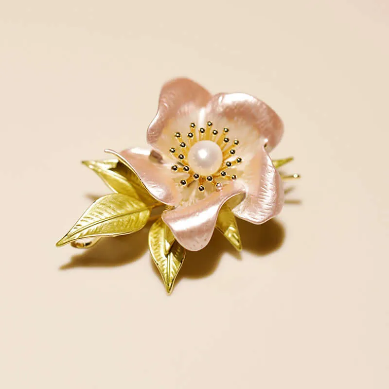 Copper Pearl Camellia Brooch