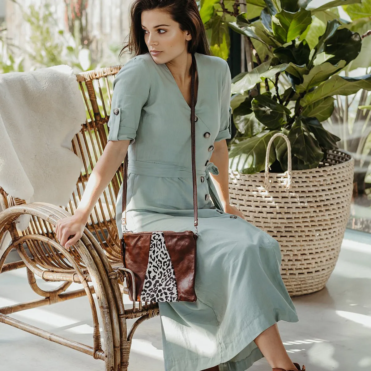 Crossover with designer print Fur Leather Handbag