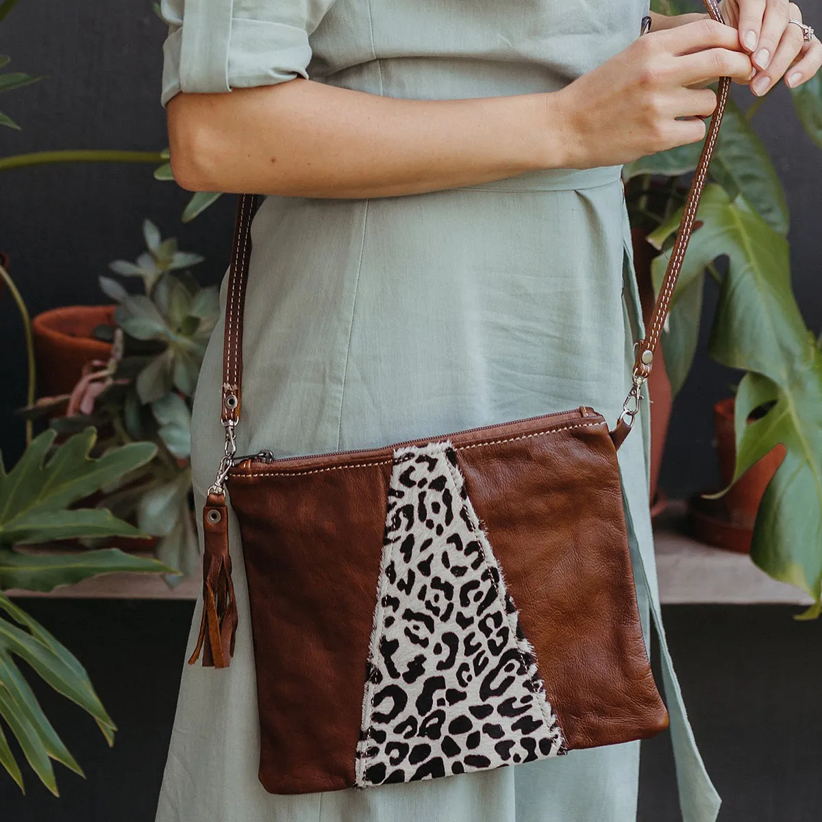 Crossover with designer print Fur Leather Handbag