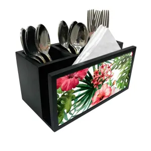 Cutlery Tissue Holder Napkin Stand -  Hibiscus and Green Leaf