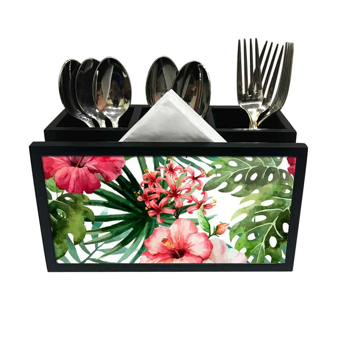 Cutlery Tissue Holder Napkin Stand -  Hibiscus and Green Leaf