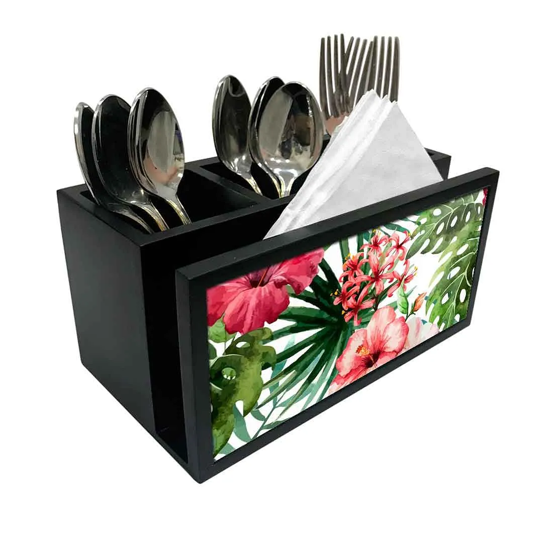 Cutlery Tissue Holder Napkin Stand -  Hibiscus and Green Leaf
