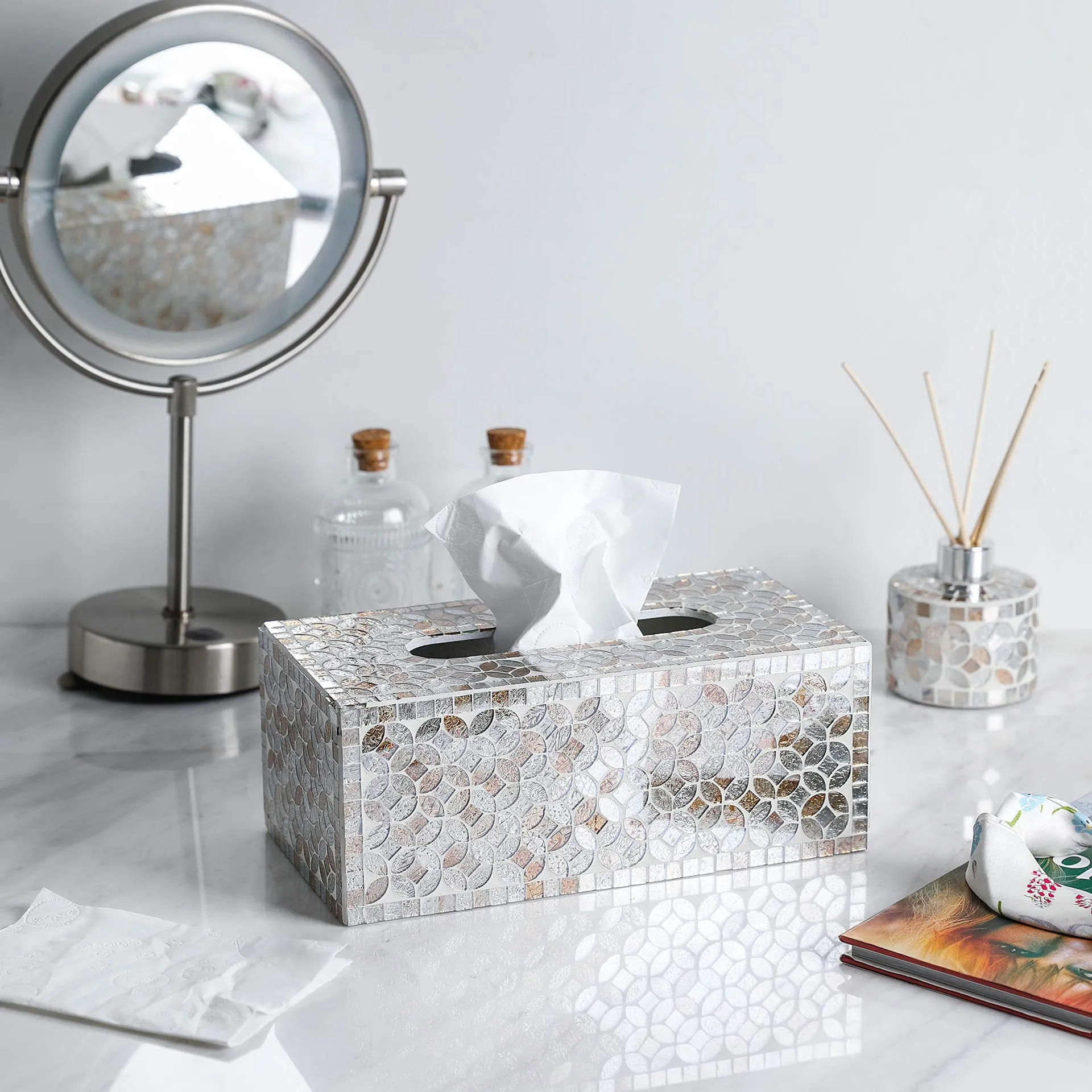 Decorative Mosaic Tissue Holder 10X5X4 Inch Rectangular MDF Tissue Box Cover (Gold/Silver