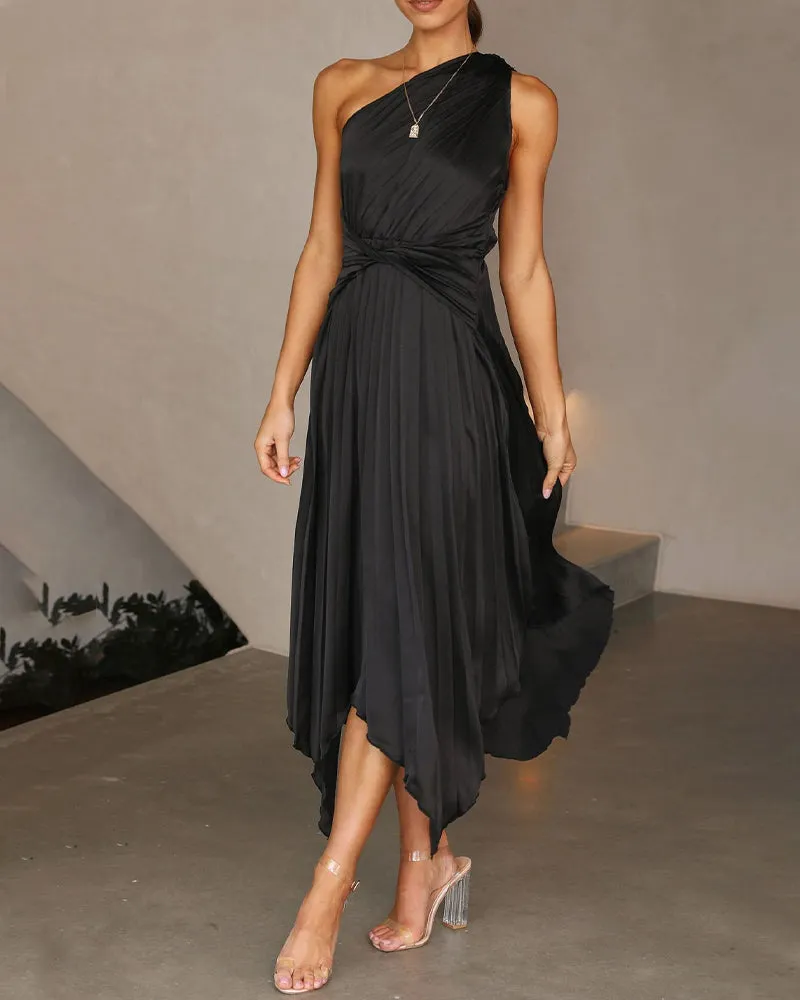Elegant Solid Color Pleated Midi Dress