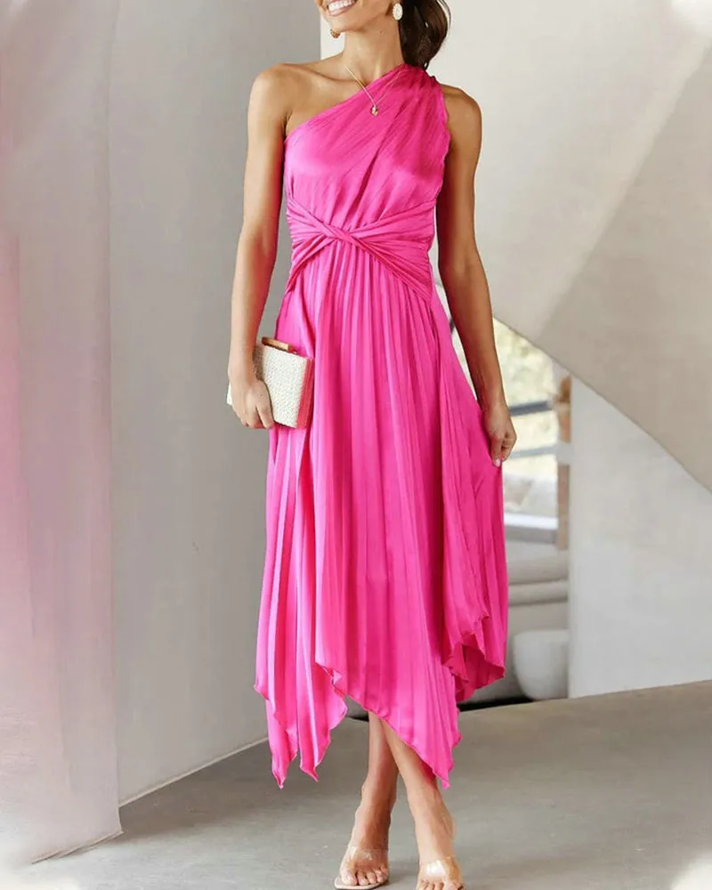 Elegant Solid Color Pleated Midi Dress