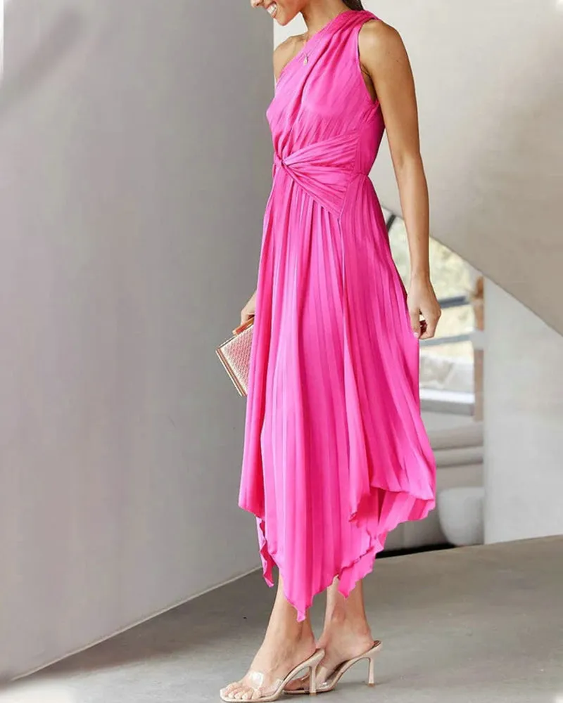 Elegant Solid Color Pleated Midi Dress