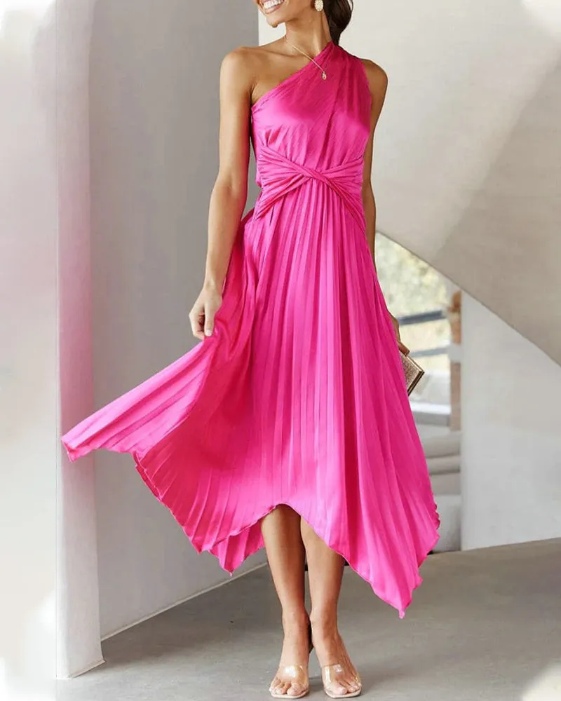 Elegant Solid Color Pleated Midi Dress