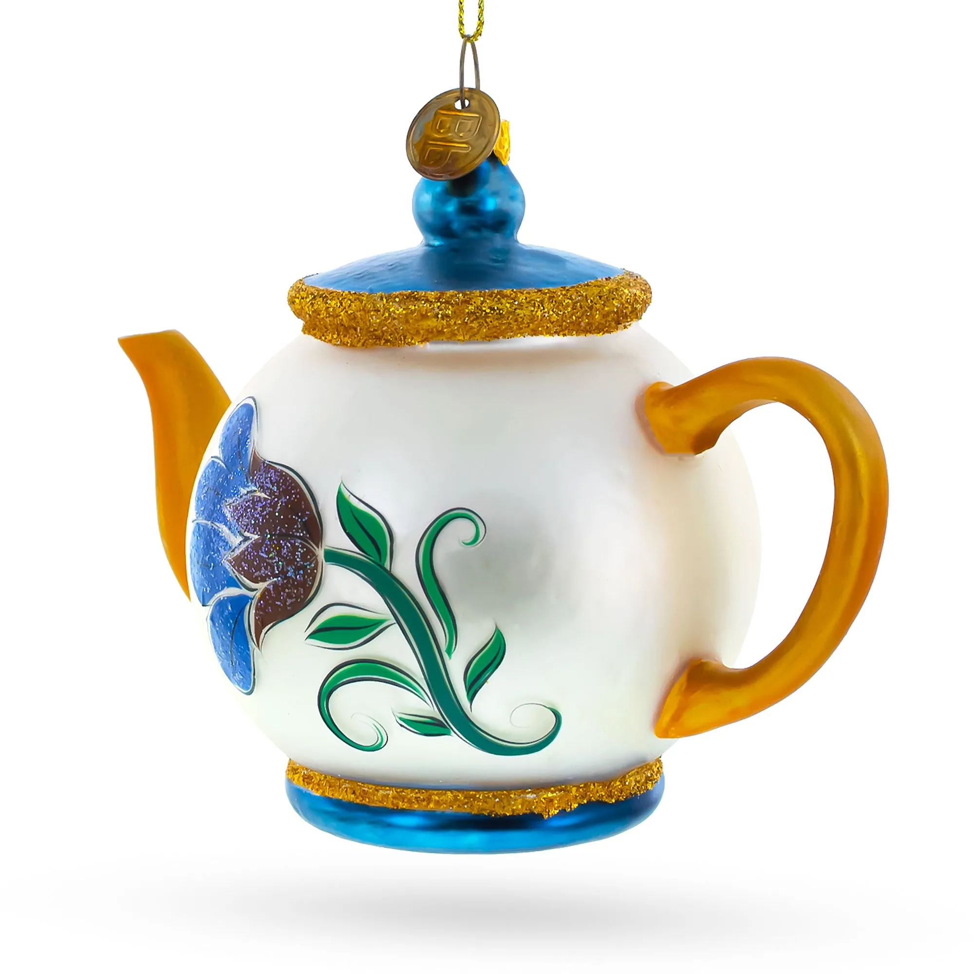 Elegantly Decorated Teapot Blown Glass Christmas Ornament