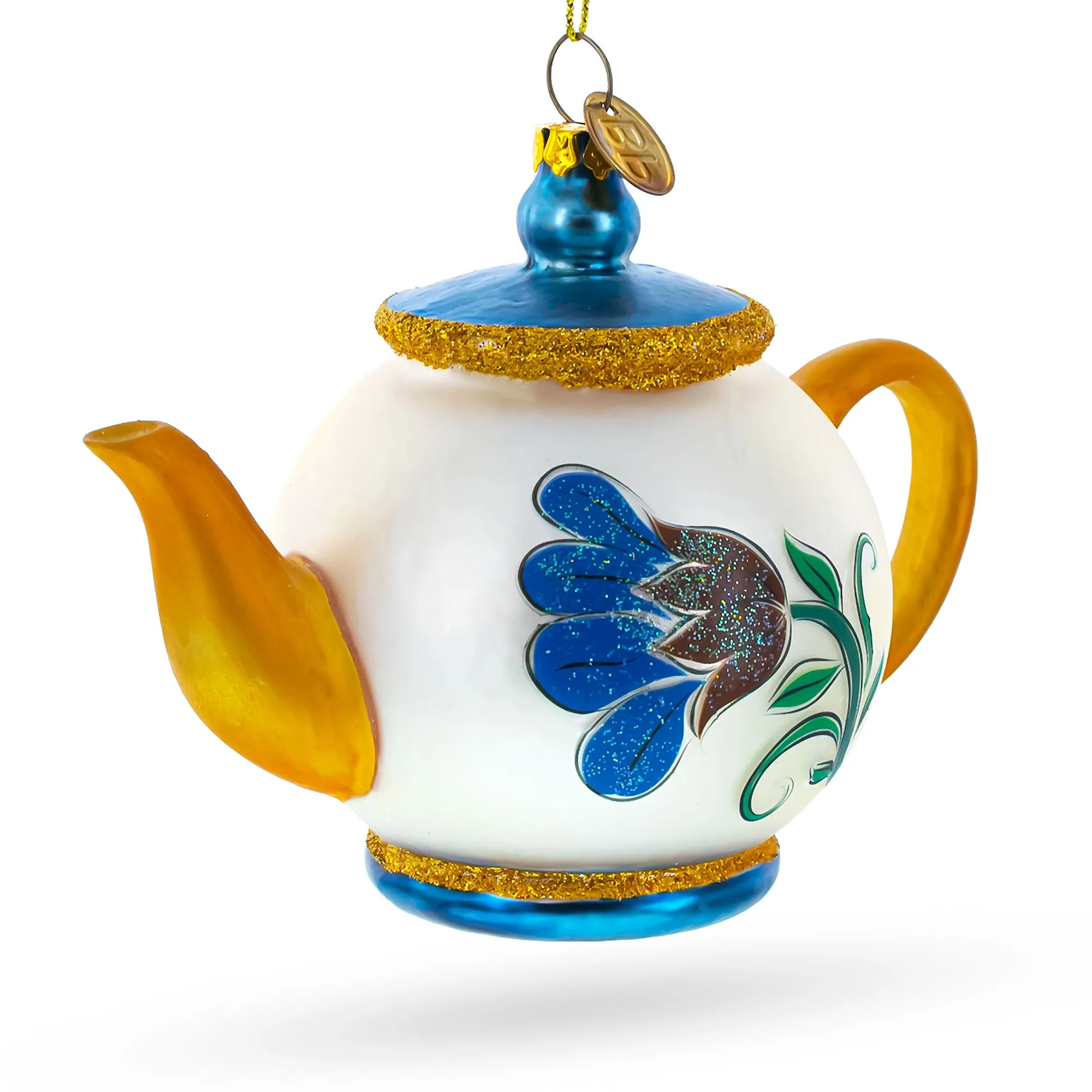 Elegantly Decorated Teapot Blown Glass Christmas Ornament