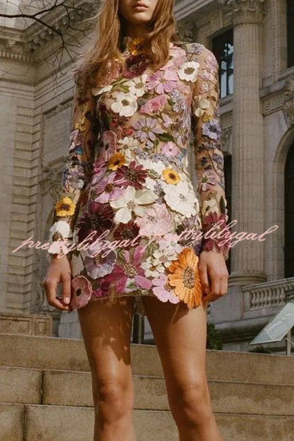 Elegantly Enchanted Floral Applique Backless Long Sleeve Mini Dress