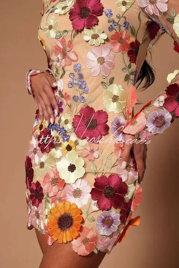Elegantly Enchanted Floral Applique Backless Long Sleeve Mini Dress
