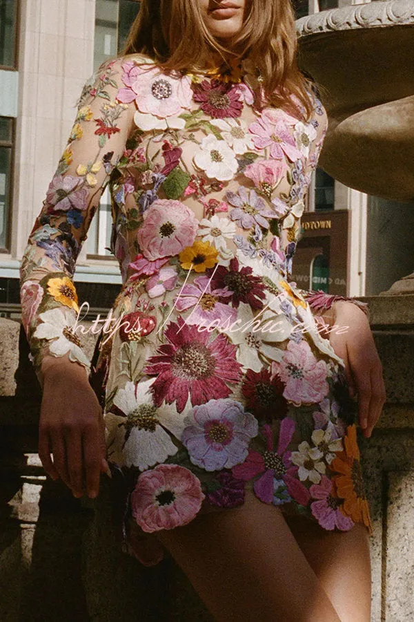 Elegantly Enchanted Floral Applique Backless Long Sleeve Mini Dress
