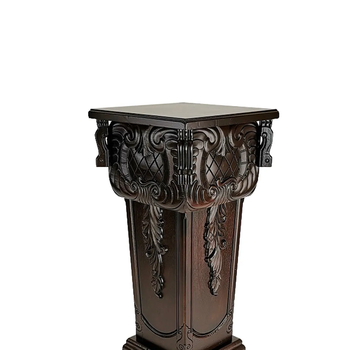 Elegantly Engraved Wooden Frame Pedestal Stand, Dark Brown By Benzara