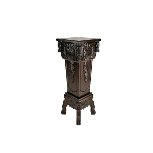 Elegantly Engraved Wooden Frame Pedestal Stand, Dark Brown By Benzara