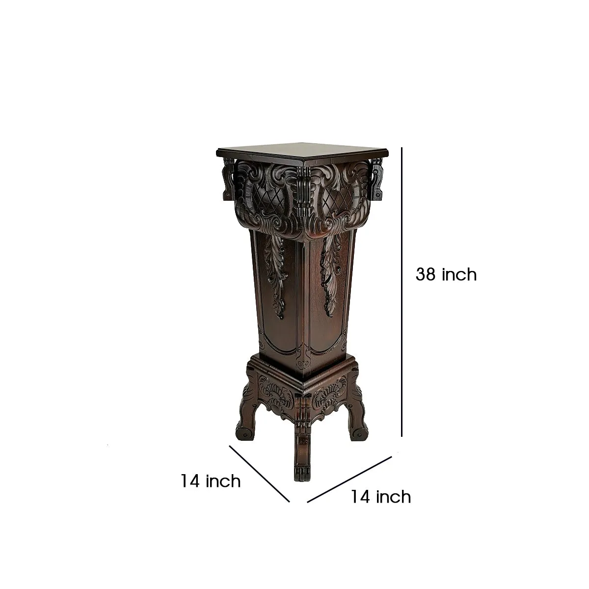 Elegantly Engraved Wooden Frame Pedestal Stand, Dark Brown By Benzara
