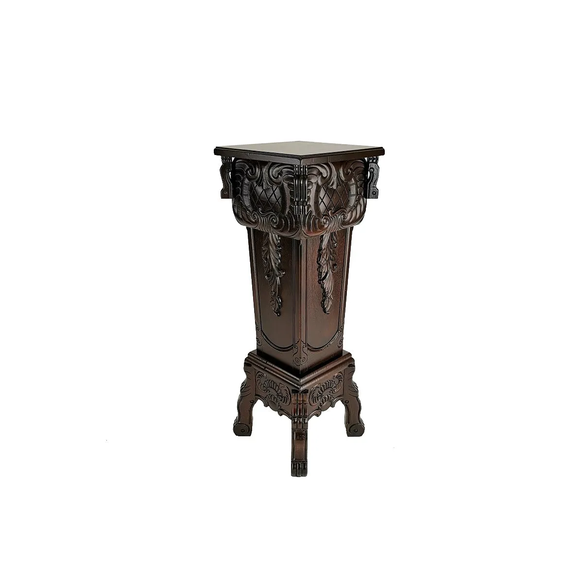 Elegantly Engraved Wooden Frame Pedestal Stand, Dark Brown By Benzara