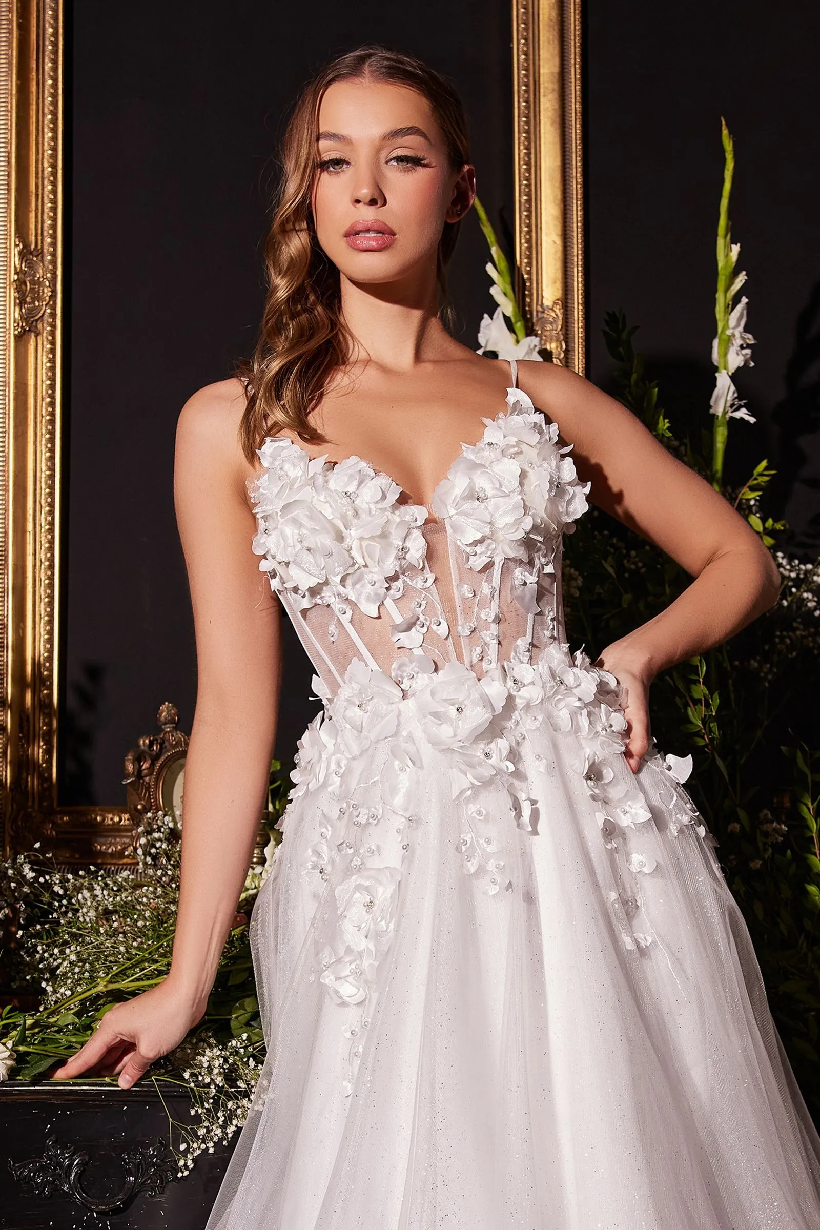 FLORAL APPLIQUE A-LINE TULLE BRIDAL GOWN CDCM321W